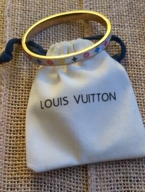 Authentic Louis Vuitton Gold-tone Bangle with Multicolor Monogram Accents